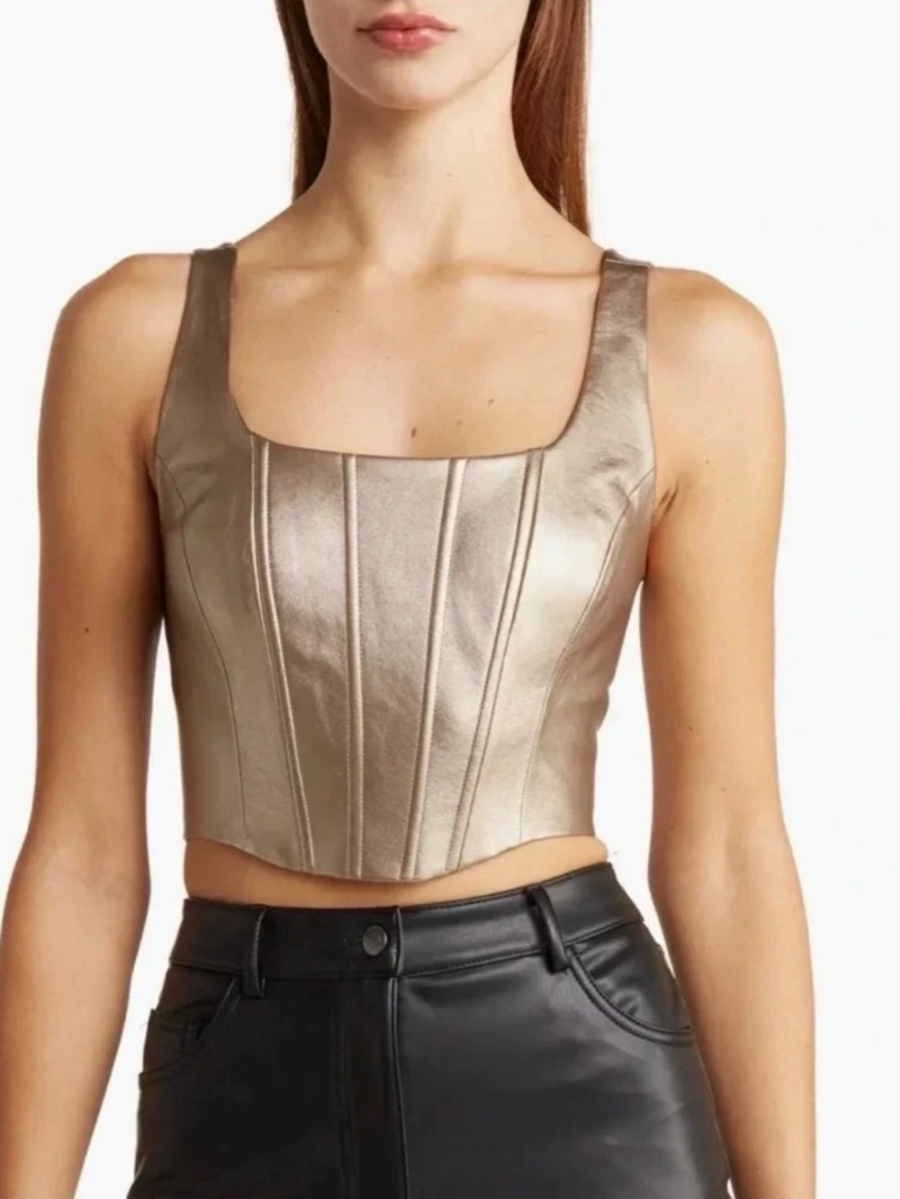 BCBG Faux Leather Metallic Crop Corset Tank Top - Gold